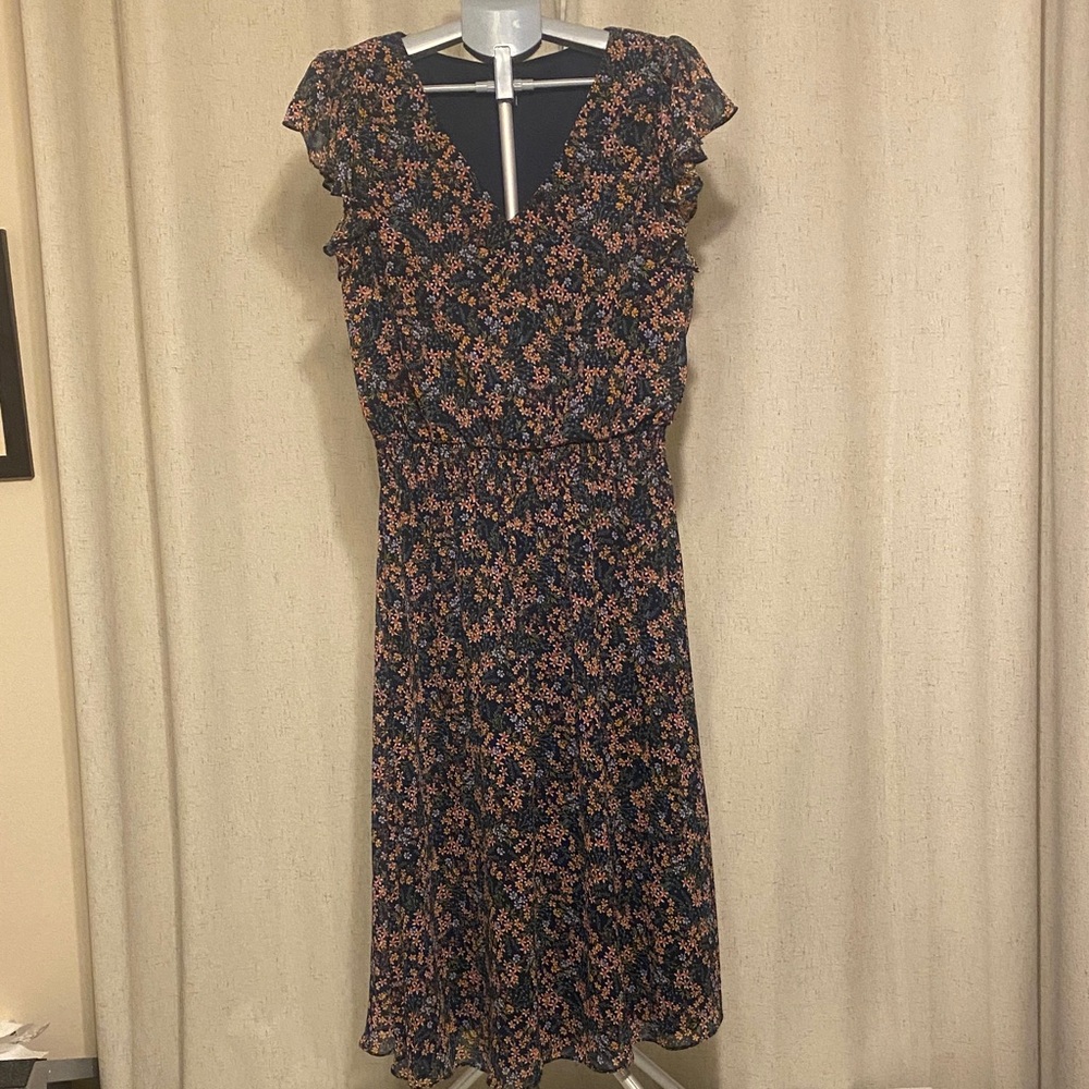Floral Navy and Pink V-Neck Midi Dress